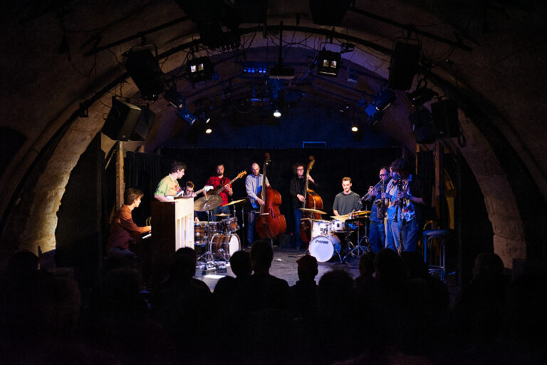 Vojtěch Procházka Experimental Band performing live jazz in Prague at Divadlo Inspirace inside Liechtenstein Palace.